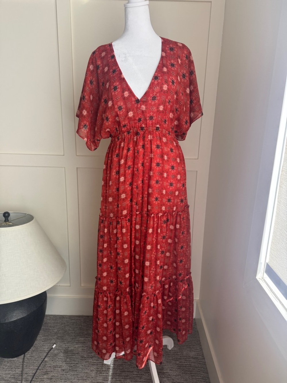 Misa Los Angeles Red Floral V-Neck Tiered Maxi Dress - Picture 2 of 10
